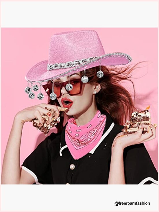 Disco Cowgirl Hat with Bandana, Rhinestone Cowboy Hat for Costume Party